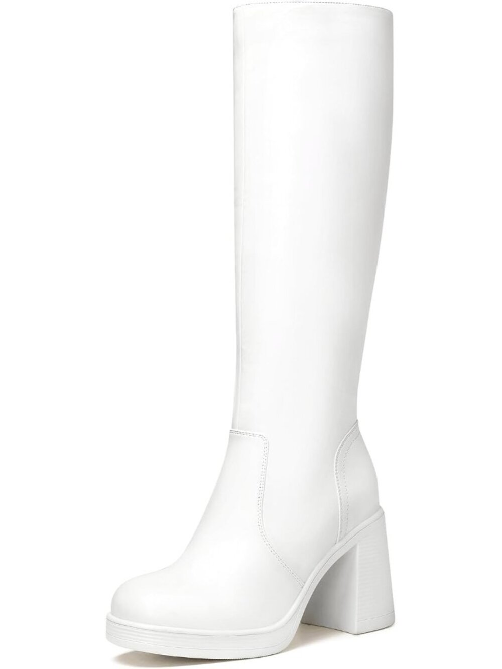 🆕Women's White Knee High Platform Boots Chunky Block Heel Square Toe Shoes